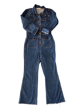 Madewell Denim Flare Jumpsuit, Button Up, 70's Style, Flap Pockets, Size: 8
